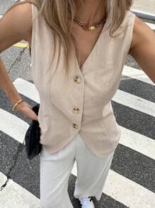 Siren Gaze Camisa de vestir informal de verano para mujer de unicolor con escote en V y abotonadura sencilla