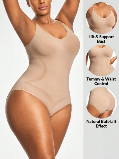 SHAPORA Plus Size Seamless Brief Spaghetti Strap Bodysuit Body Shaper Bust&Butt Lifter With Adjustable Strapes-Tummy Waist Control