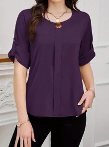 SHEIN Clasi Áo cánh tay cuộn cổ tròn màu trơn thanh lịch cho nữ - Màu tím - Xem 4