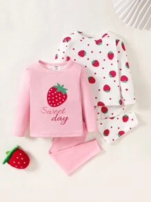 SHEIN Leap Crew 4 piezas Conjunto de ropa cómoda de manga larga con cuello redondo y estampado de fresa, top y pantalones de ajuste ceñido para bebé niña - Multicolor - Ver 1