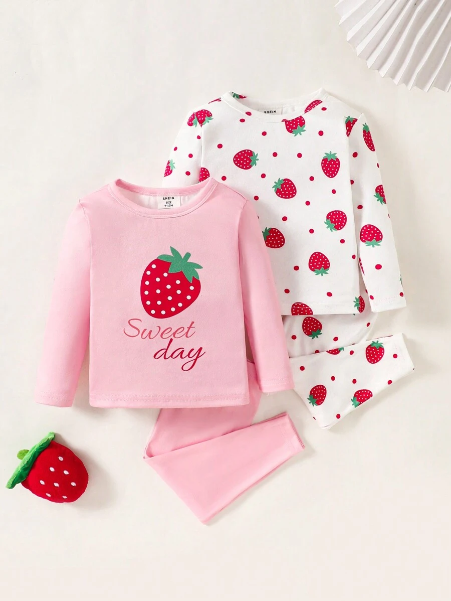 SHEIN Leap Crew 4 piezas Conjunto de ropa cómoda de manga larga con cuello redondo y estampado de fresa, top y pantalones de ajuste ceñido para bebé niña - Multicolor - Ver 1