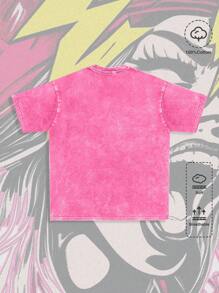 ROMWE MEN Street Life Men's High Street Vintage Acid-Washed Distressed Round Neck T-Shirt Suitable For Casual Daily Spring And Summer Season - Hot Pink - View 2