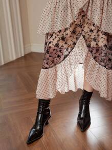 MOTF PREMIUM MESH POLKA DOT AND PLANTS PRINT LAYERED RUFFLE ASYMMETRICAL HEM SKIRT - Coffee Brown - View 8