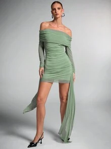SHEIN BAE Women'sGreen Knitted Mesh Off-Shoulder Ribbon Detail Autumn Long Sleeve Dress,Fairy Core Dress,Elegant Women Dresses