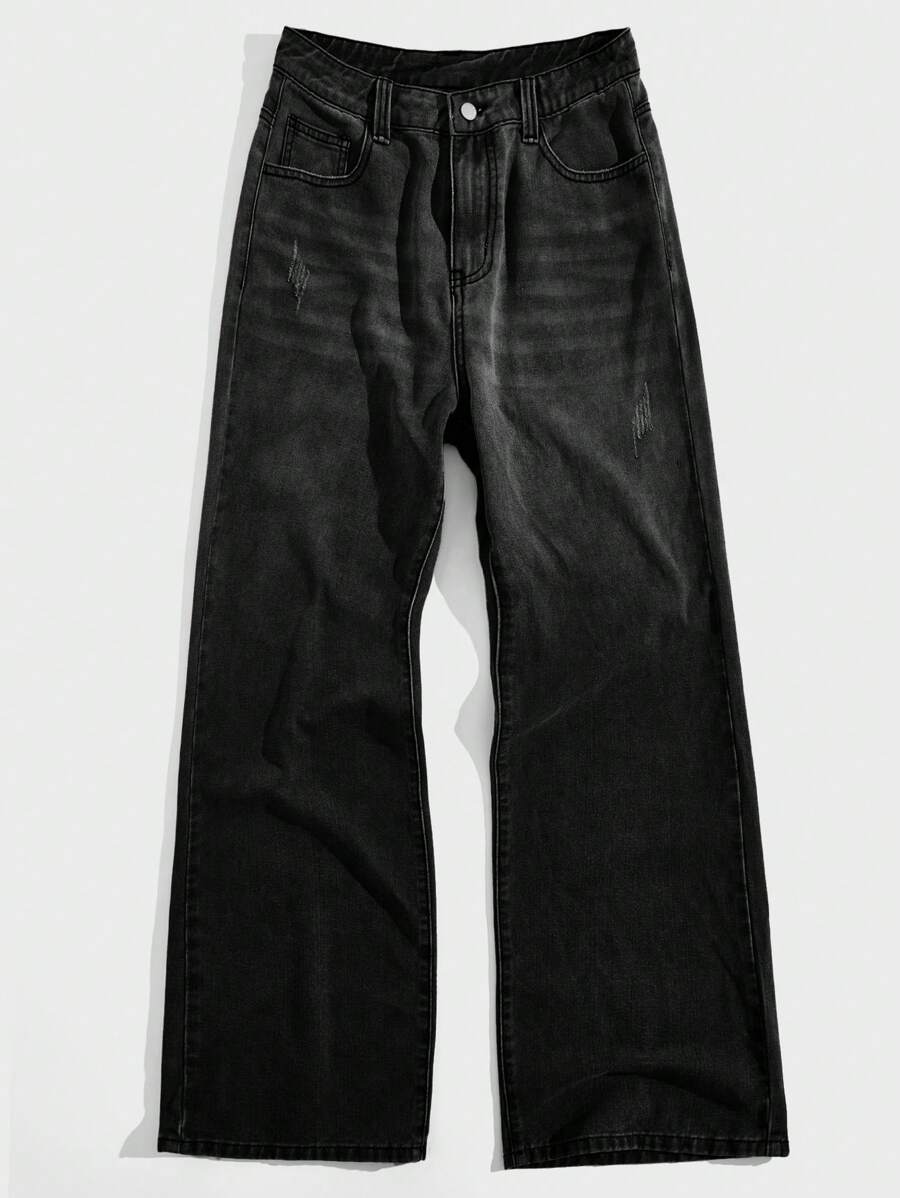 AKNOTIC Business Casual 男士水洗中腰阔腿休闲牛仔裤，狂野风 - 黑色 - 查看 1