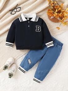 Set de 2 piezas de ropa para bebé niño con camisa tipo polo con cuello y pantalones de jean para otoño - azul real - Ver 1