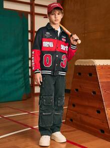 SHEIN Tween Boys Cool Casual Print Baseball Jacket - Red - View 4