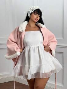 Flirla Plus Size Solid Color Patchwork Tie-Front Casual Jacket - Dusty Pink - View 5