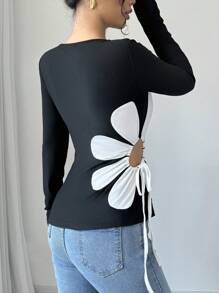 Elenzga Women's Fitted Crew Neck Long Sleeve Waist Hollow-Out Drawstring T-Shirt For Spring Fall - Black - View 2