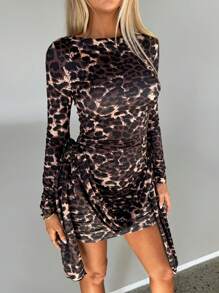 Aloruh Women's Leopard Print Pleated Mini Slip Dress