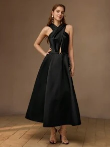 MOTF PREMIUM 优雅纯色十字交叉无袖连衣裙 - 黑色 - 查看 4