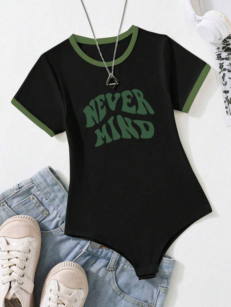 SHEIN Bộ đồ liền thân in chữ và khối màu phong cách đường phố giản dị cho bé gái tuổi mới lớn - Nhiều màu - Xem 1