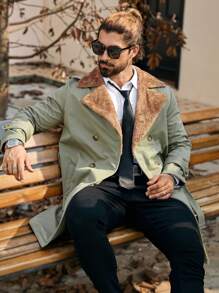 Manfinity Mode Men's Autumn Winter Color Block Fluffy Collar Double-Breasted Casual Trench Coat,Boyfriend Gift, Green Trench Coat,Versatile Items For Old Money - Green - View 4