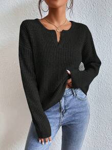 SHEIN Frenchy Suéter con detalle de cuello en escote, hombros caídos y mangas largas