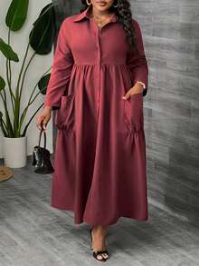 Slaydiva Plus Size Women Elegant Burgundy Long Sleeve Pocket Shirt Dress, Fall - Burgundy - View 6