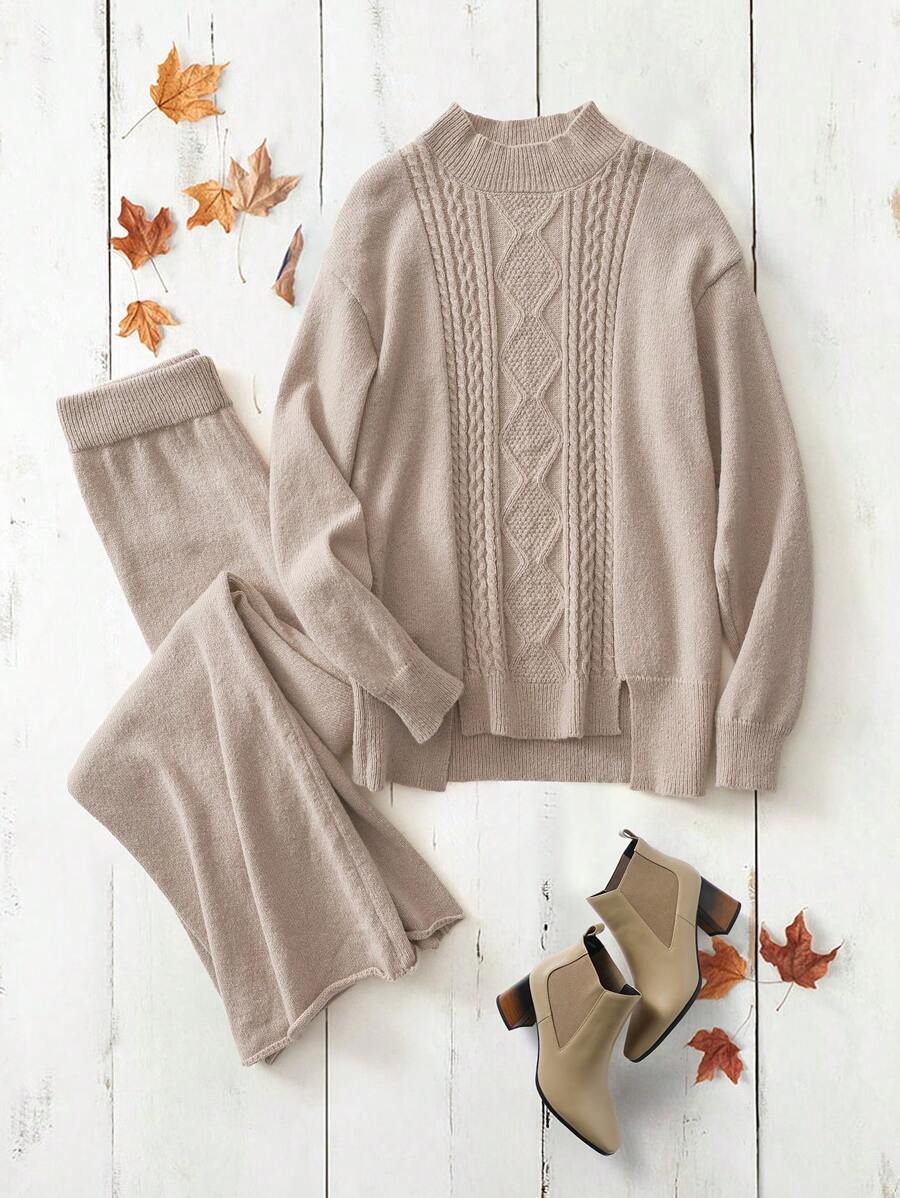 SHEIN RusticEase 2 bộ áo len dài tay hở vai cổ tròn màu trơn xẻ tà và quần dệt kim thường ngày cho nữ, mùa thu đông - Màu Khaki - Xem 1