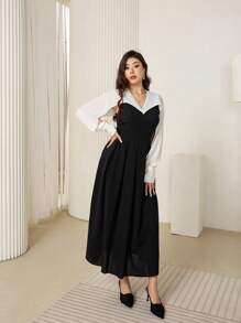 Modelyn Robe de soirée longue à col en V, poignets fendus et contrastée pour femmes