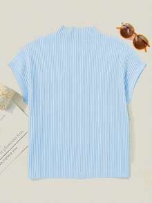 Acelitt 女士纯色立领短袖口袋休闲针织上衣 - 藍色 - 查看 2