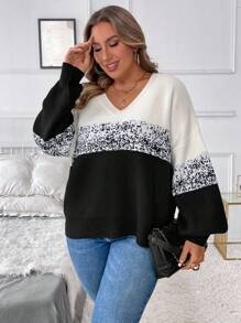 SHEIN LUNE Pull ample décontracté à col en V, manches longues, dégradé noir et blanc contrastant, tenue décontractée femme, tenue de vacances, hauts de campagne
