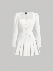 SHEIN MOD Ladies' Apricot Suit Set, Retro Outfit, Back To School - White - View 1