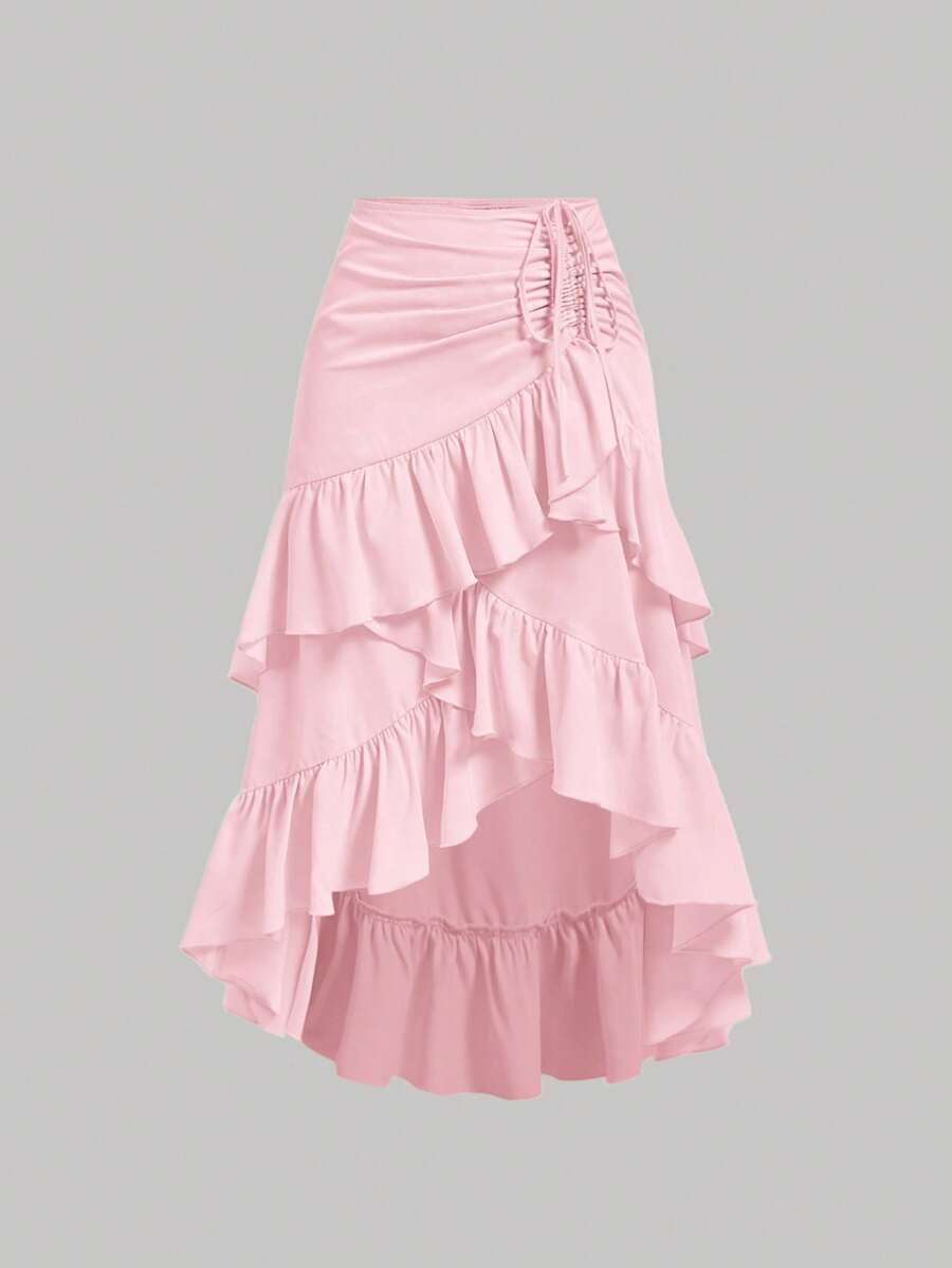 SHEIN MOD Váy mùa hè màu kem mơ cho nữ có viền cao thấp, xếp lớp xếp nếp có dây rút, váy dự tiệc, váy Boho, váy ăn trưa - Hồng - Xem 1