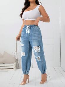 SHEIN Essnce Quần Jeans Ống côn rách rách có túi eo rút cỡ lớn thường ngày - Rửa nhẹ - Xem 6