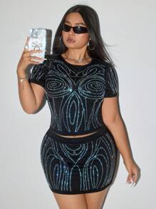 SHEIN ICON Plus Size Halloween Y2K Body Pattern Hot-Drilling Short Sleeve Skirt Two-Piece Set, Halloween Costume, Sexy Party Outfit