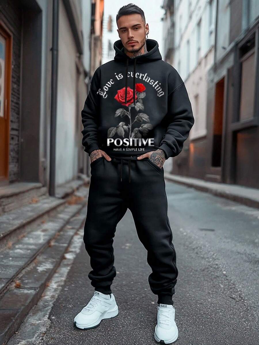 RueChic Men Letter And Rose Printed Regular Hooded Sweatshirt & Pants Set - Black - View 1