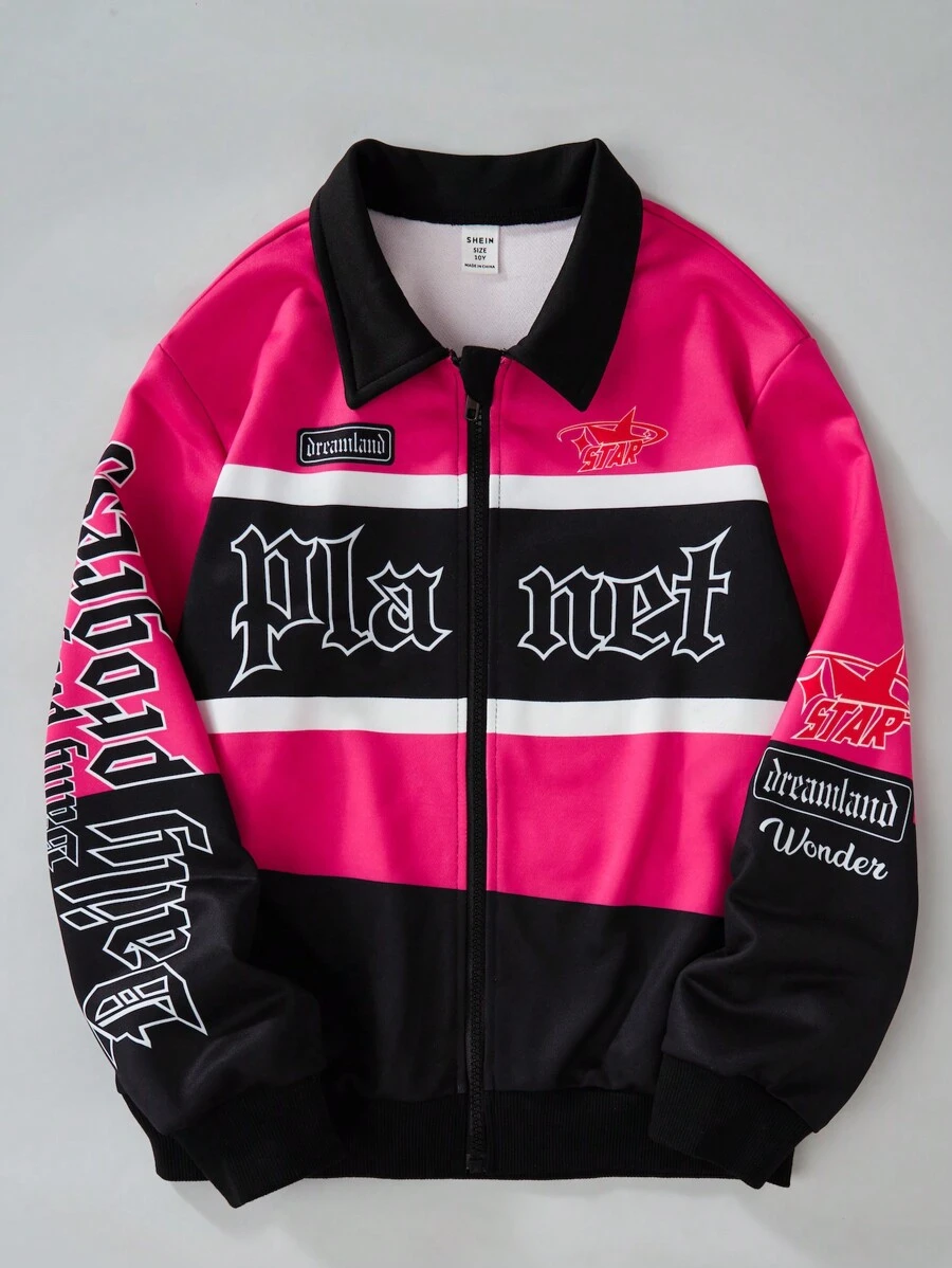 SHEIN 1pc Tween Boy Color Block Letter Print Zip Up Casual Jacket - Multicolor - View 1