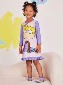 Nick 90s | SHEIN Young Girls Rugrats Cartoon Cute Little Girl Print Pink Purple Colorblock Contrast Color Processing Ruffle Hem Nightgown,Autumn/Winter - Mauve Purple - View 3