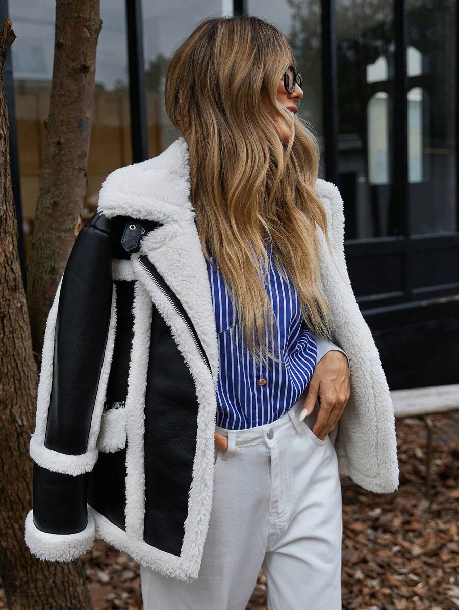 Aveloria Affinna Autumn/Winter New Pu Splicing Faux Thermal Lined Streetwear Jacket, Thermal Lined Motorcycle Coat For Women - Black - View 1