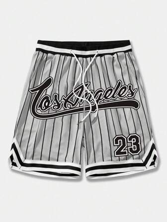 Prep Pantalones cortos de malla de baloncesto de verano informales y deportivos con cintura con cordón, rayas y estampado de letra, para la escuela