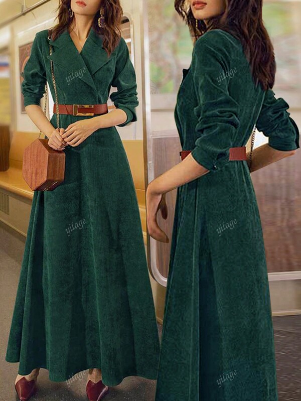Europa und die Vereinigten Staaten Einfaches Revers Einfarbig französisches Retro Damen Gürtelkleid Y2K Herbst und Winter Cord Anzugkragen Langarm Figurumspielendes Taschen Samt Mittellang Kleid
