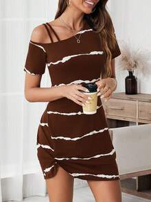 SHEIN LUNE Đầm sọc tay ngắn cổ bẻ bất đối xứng thường ngày cho nữ - màu nâu - Xem 4