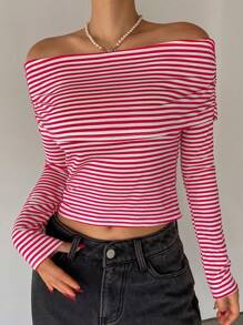DAZY Christmas Women's Striped Off Shoulder Slim Fit T-Shirt