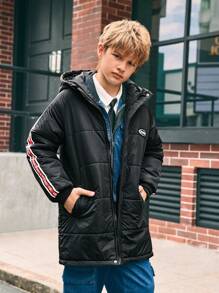 SHEIN Boys' Solid Color Casual Hooded Mid-Length Padded Coat - Black - View 4