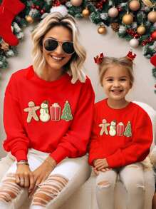 Christmas Baby Girl's Casual Fashion Gingerbread Man, Snowman, Christmas Tree Print Basic Round Neck Sweatshirt Suitable For Christmas Party - Burgundy - View 3