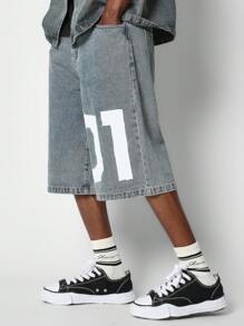 SUMWON Washed Denim Jort With Number Graphic Print - Dark Wash - View 2