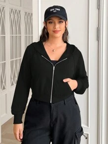 SHEIN EZwear Sudadera con capucha y cremallera de manga larga y corta talla grande