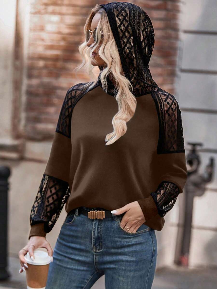 SHEIN LUNE 女士春秋撞色蕾丝插肩袖连帽休闲运动衫 - 棕色 - 查看 1