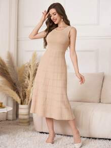 Modelyn 2 件女式撞色饰边前纽扣长袖夹克和无袖圆领连衣裙优雅毛衣套装 2 件套 - 杏色 - 查看 3