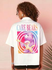 SHEIN X Care Bears Casual And Cute Cartoon Bear & Ombre Alphabet Printed Drop Shoulder Women Music Festival  White Loose Short Sleeve Shirt - White - View 1