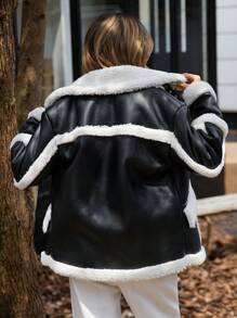 Aveloria Affinna Autumn/Winter New Pu Splicing Faux Thermal Lined Streetwear Jacket, Thermal Lined Motorcycle Coat For Women - Black - View 2