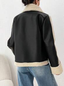 EURMUSE Teddy Lining Zipper Pocket Black Motorcycle Jacket - Black - View 2