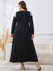 Modelyn Plus Size Women's Colorblock V-Neck Long Casual Dress, Spring Autumn - Multicolor - View 2