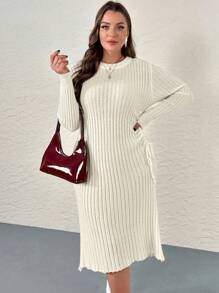 SHEIN Privé Plus Size Women's Solid Color Round Neck Long Sleeve Drawstring Casual Sweater Dress - Apricot - View 4
