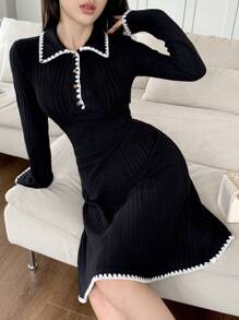 Feyla Women's Contrast Color Patchwork Front Button Long Sleeve Minimalist Short Dress - Black - View 2