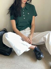 DAZY 女士夏季马匹印花短袖 Polo 领休闲 T 恤 复活节 - 墨綠色 - 查看 2