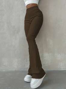 INAWLY Women's Solid Color High Waist Simple Casual Pants - Coffee Brown - View 1