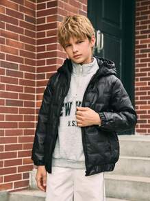 SHEIN Abrigo casual acolchado con capucha con cremallera y textura para niño preadolescente